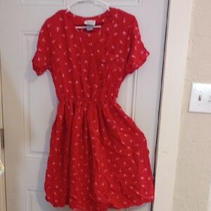 Casual Red Short-Sleeve Gathered-Waist Dress